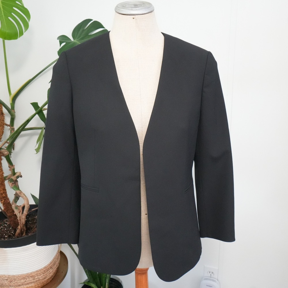 Theory Lindrayia Blazer 8 Black Wool Traceable Collarless Open Front Jacket